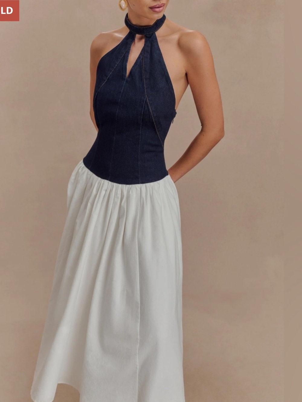 MESHKI || Ashwin Denim Cotton Midi Dress Halter Indigo Blue White Medium NWT